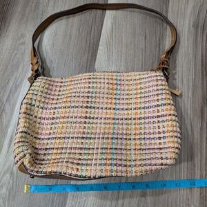 Fossil Multi-Color Classic Weave‎ Shoulder Bag, Straw Purse, Brown Leather Trim